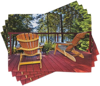 ABAKUHAUS Bos-placematten, Adirondack-stoelen op de veranda, antislip en wasbare tafeldecoratie voor eetkamer en keuken, veelkleurig