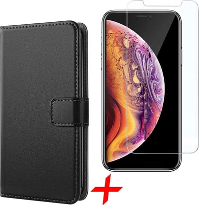 Hoesje geschikt voor Apple iPhone Xs / X - Wallet Book Case Zwart Kunstlederen Luxe Hoesje + Screenprotector Tempered Glass van iCall