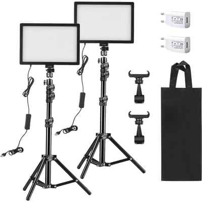 2 Pakketten LED Videolicht Kit 15W LED Lichtpaneel met 1.2M Metalen Lichtstatieven Telefoonhouders