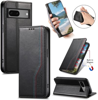 Praktische en Stijlvolle PU Leren Portemonnee Hoes + Glas Screenprotector voor Google Pixel 7 _ Zwart