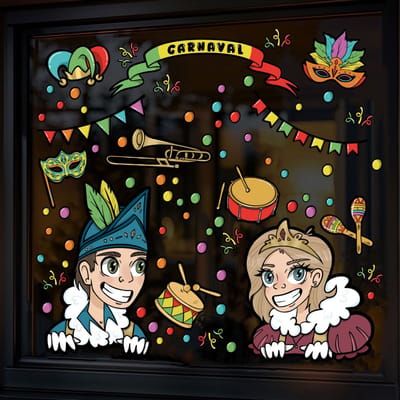 Raamstickers Carnaval – Prins en Prinses Carnaval – LARGE variant – Handgetekende Raamdecoratie Carnaval