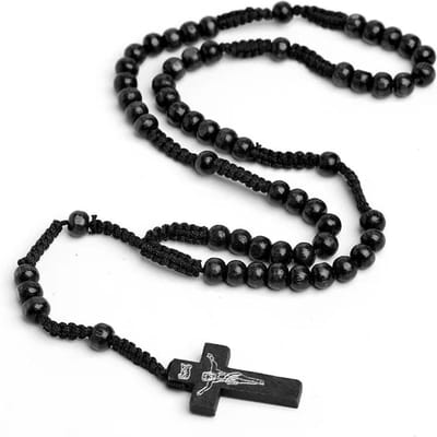 Collier de Perles en Bois Catholique pour Femmes Pendentif Croix Crucifix Chaîne en Corde Tressée Collier Rosaire Hommes Bijoux de Prière Religieux