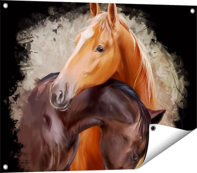 Gards Tuinposter Twee Getekende Knuffelende Paarden - Abstract - 80x60 cm - Tuindoek - Tuindecoratie - Wanddecoratie buiten - Tuinschilderij