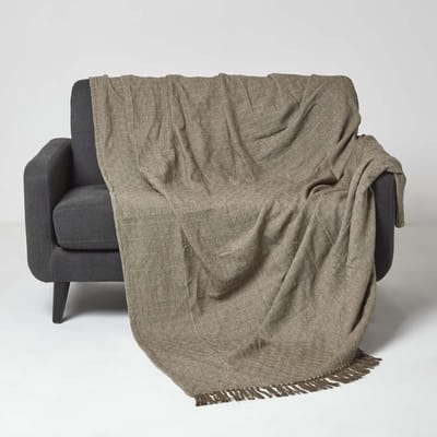 Homescapes Malda sprei bruin met franjes 225 x 255 cm - katoenen deken ruitpatroon