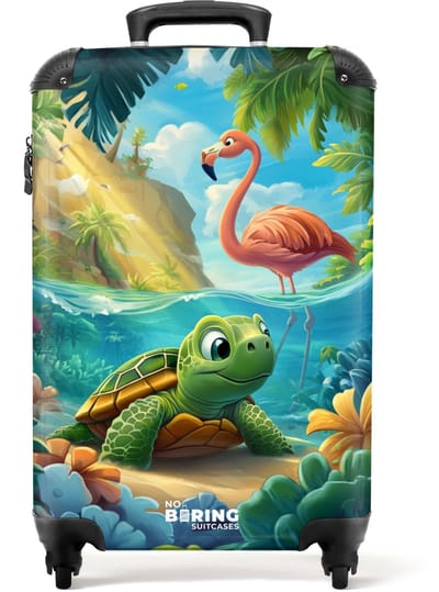 NoBoringSuitcases.com® - Kinderkoffer - Kindertrolley jongen en meisje - Schildpad in tropisch water met flamingo - Handbagage koffer lichtgewicht - Reiskoffer trolley kinderen - Rolkoffer met wieltjes - Past binnen 55x40x20 en 55x35x25