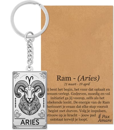 Sterrenbeeld Ram (Aries) Sleutelhanger Zilverkleurig - Zodiac in de stijl van Rider-Waite Tarot - Roestvrij Staal / Stainless Steel - Pax Amare