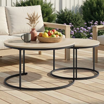 Pugsdrly Tweedelige, in elkaar schuifbare salontafelset, eikenfineer, ronde salontafel met een diameter van 80 cm, metalen onderstel, moderne stijl, geschikt voor woonkamer, slaapkamer, balkon.