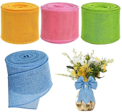 Daity Set van 4 effen linnen linten - 6 -3 cm x 5 m - geschikt voor knutselprojecten - het maken van kransen en strikken - het inpakken van cadeaus - Koningsdagversieringen en woondecoratie (groen + goud + roze + lichtblauw).