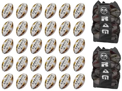 RAM Rugby Gripper 2.0 Pro Trainer – Rugbyballen Bundel – 30x Gele Ballen (Maat 3) + 2x Breathable RAM® Tassen – Nr. 1 Rugby Brand Europa – Ontworpen in Engeland – Unieke 3D Grip Technologie – Duurzaam