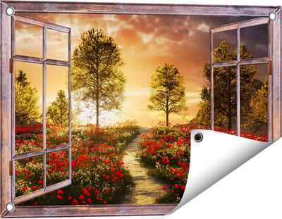 Gards Tuinposter Doorkijk Mooi Landschap met Rode Bloemen en Zonsondergang - 60x40 cm - Tuindoek - Tuindecoratie - Wanddecoratie buiten - Tuinschilderij