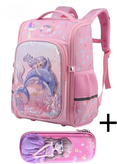 Cliste Schooltas Mermaid 3D Print met gratis Etui - Meisjes - Rugzak Meiden, Rugtas Kind, Schooltas Meisje, Schooltassen Kids, Schoolrugzak - Back to School - Roze