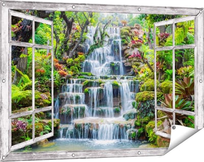 Gards Tuinposter Doorkijk Tropische Waterval in Thailand - 120x80 cm - Tuindoek - Tuindecoratie - Wanddecoratie buiten - Tuinschilderij