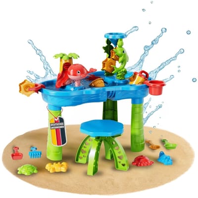 NARIUS L zand- en watertafel, 1 krukje, watertafel voor kinderen voor buiten, geschikt voor waterspelletjes op het balkon en in de tuin, moddertafel met zandbakspeelgoed, emmer, schep, gieter, waterrad