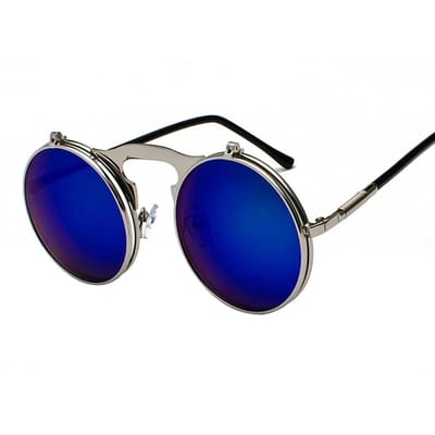 Lunettes de soleil vintage Steampunk à rabat pour hommes Femmes Rétro Rondes Monture Métallique Conception de charnière Jambes de lunettes incurvées UV400 As Picture blue