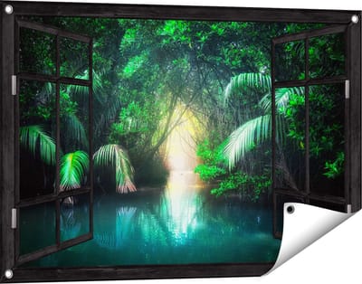 Gards Tuinposter Doorkijk Tropische Jungle met een Turquoise Meer - 90x60 cm - Tuindoek - Tuindecoratie - Wanddecoratie buiten - Tuinschilderij