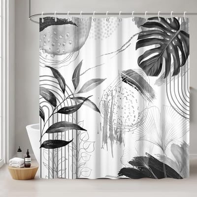Douchegordijn, 180 x 200 cm, schimmelwerend, grijs, boho-stijl, tropische palmbladeren, jungle, douchegordijnen, stof, wasbaar, waterdicht, polyester, badgordijn met 12 haken, voor badkamer