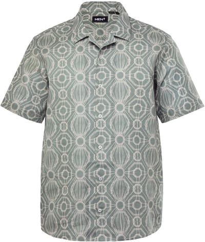 Men Plus - Heren - Linnenmix-overhemd korte mouwen all-over print Cubaanse kraag - Munt - Maat L