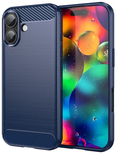 MobyDefend Hoesje - Geschikt voor iPhone 17 - TPU Backcover - Geborstelde Metaal & Carbon-Look - Blauw