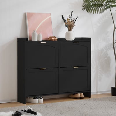 MODENUIT Schoenenkast - 4 Klepvakken En Open Opbergvakken Voor Hal En Entree - Spaanplaat - Zwart - 110x24x90 Cm