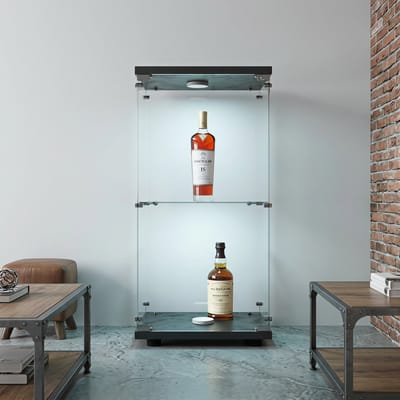 Moderne Glazen Vitrinekast met 2 Glazen Planken, 1 Deur, Ledverlichting en Slot, Gehard glas, 86x40,4x36,5 cm, Geschikt voor Woonkamer, Slaapkamer of Kantoor (Zwart)