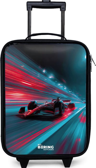 NoBoringSuitcases.com® - Kinderkoffer jongen - Kindertrolley meisje - Raceauto - Baan - Neon - Verlichting - Koffer kind lichtgewicht - Reiskoffer trolley voor kinderen - Koffertje met lichtgevende wieltjes - Rolkoffer zwart