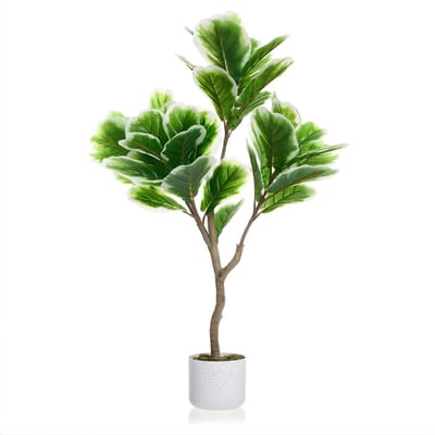 Kunstmatige ficusboom - Voor thuiskantoor of woonkamer - 100 cm vioolblad vijgenboom - Met witte plantenbak, kofferbak en bladeren - Groen-100cm