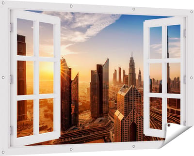 Gards Tuinposter Doorkijk Dubai Stad bij Zonsopgang - 150x100 cm - Tuindoek - Tuindecoratie - Wanddecoratie buiten - Tuinschilderij