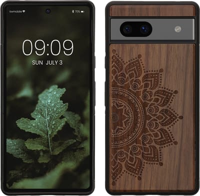 kwmobile telefoonhoesje geschikt voorGoogle Pixel 7a - Hoesje met bumper - hout - In donkerbruin Opkomende Zon design