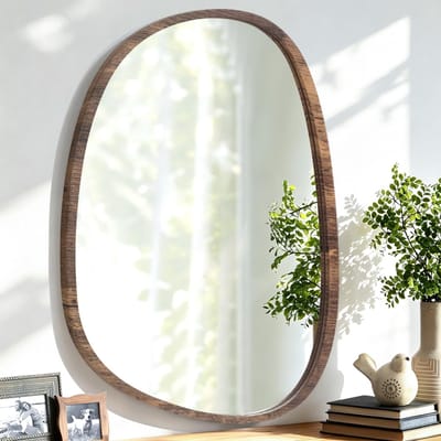 wandspiegel, houten lijst, onregelmatig, hangend, modern, uniek, decoratief, design, artistiek, voor kaptafel, woonkamer, slaapkamer, badkamer, inkomhal, gang