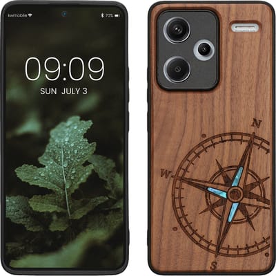 kwmobile telefoonhoesje geschikt voorXiaomi Redmi Note 13 Pro+ 5G / Redmi Note 13 Pro Plus 5G - Hoesje met bumper - hout - In donkerbruin Parelmoer kompas design