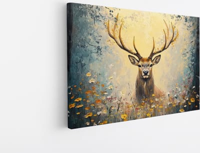 Saammp Canvas Schilderij - Abstract hert tussen de bloemen - Natuur - Dieren - 45x30 - Foto op canvas - Wanddecoratie - Muurdecoratie Woonkamer - Slaapkamer decoratie - Canvas Print