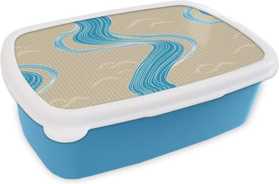 Broodtrommel Blauw - Lunchbox - Brooddoos - Patroon - Berg - Rivier - 18x12x6 cm - Kinderen - Jongen