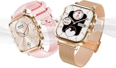 AMOLED-smartwatch voor dames - Nieuw voor 2025 - 1,75-inch fitnesshorloge met telefoonfunctionaliteit - Twee bandjes - Volledig touchscreen - Vierkant ontwerp - Stijlvol sporthorloge voor dames - Compatibel met Android 4.4+ / iOS 10.0+.