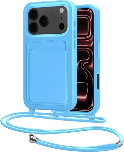 Hoes Geschikt voor iPhone 17 Pro Max Hoesje Pasjeshouder Cover Met Koord Case Siliconen Hoes Met Telefoonkoord en Kaarthouder - Lichtblauw
