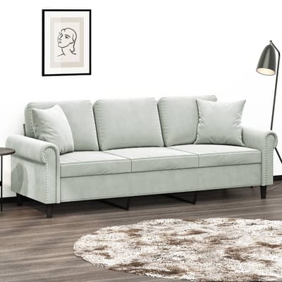 vidaXL - Driezitsbank - met - sierkussens - 180 - cm - fluweel - lichtgrijs