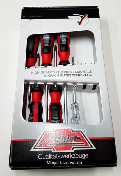 PROFESSIONELE SCHROEVENDRAAIER SET - 6 DELIG - DUITSE KWALITEIT - ATHLET - 3X75 MM / 5.5X125 MM / 6.5X150 MM / PZ 1X80 / PZ 2X100 / SPANNINGZOEKER 4 MM. - CHROME VANADIUM