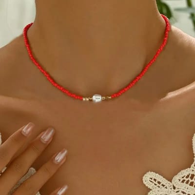 Bovista Ketting - Dames - Staal - Nep zilver - Met Hanger - Rood