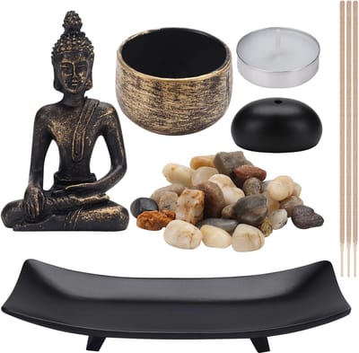 aladdien - Zittende Boeddha Kaars en Wierook Houder - Zen Tuin Tray - Natuurlijke Stenen - Theelicht Houder - Tafeltop Ornament - Geschikt voor Gesc...