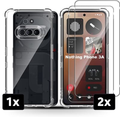 Casemania Hoesje & Glas Geschikt voor Nothing Phone 3a - Transparant & 2X Glazen Screenprotector - Anti Shock Back Cover