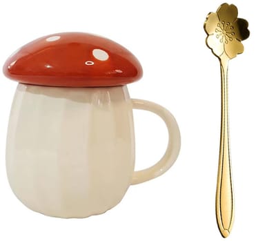 Dailygoods- Paddestoel Mok 250 ml - Keramische Koffiemok - Deksel - Bloesemlepel - Hittebestendig - Duurzaam Materiaal - Theemok