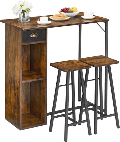 Jently eettafel - eettafel met stoelen - met barkrukken - met 3 daagse plank - met opbergruimte - hout