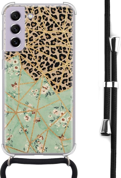 Hoesje met koord - Geschikt voor Samsung Galaxy S21 FE - Luipaard bloemen print - Verstelbaar zwart koord - Crossbody - Bloemen - Transparant, Multi - Leuke Telefoonhoesjes