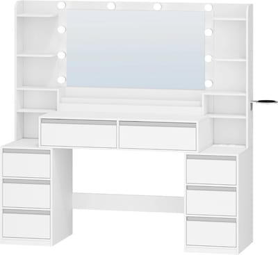 Dressing Table – Voor Slaapkamer en Make-up – Kaptafel met Grote Spiegel, 8 Lades en Open Vakken – Modern Wit