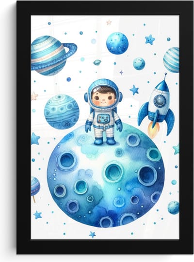 Poster in lijst - Fotolijst 20x30 cm - Posters - Ruimte - Blauw - Astronaut - Sterren - Planeten - Posterlijst zwart - Kamer decoratie - Wanddecoratie kinderkamer - Muurdecoratie babykamer