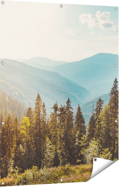 Gards Tuinposter Bos met Bomen in de Hoge Bergen - 90x120 cm - Tuindoek - Tuindecoratie - Wanddecoratie buiten - Tuinschilderij