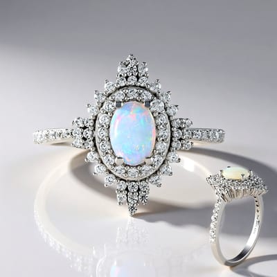 Cavill - Elegante Opaal Ring 0,321 ct - 925 Sterling Zilver Geplatineerd - Ovaal Design - 1,231 ct Zirkonia's