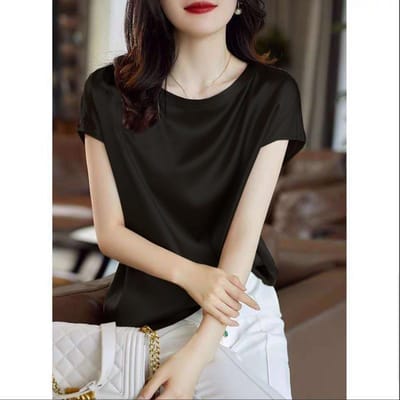 Satijnen T-shirt voor Dames met Zomeroutfits, Nieuwe Rotator Mouw Pullover Top Los Binnenste Basishemd 4XL black