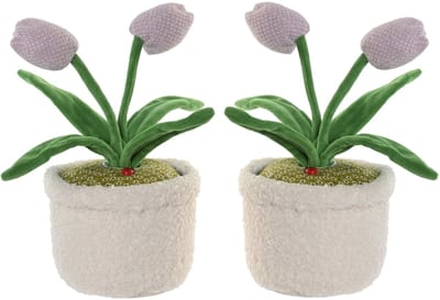 ITEM Deurstopper tulpen in pot - 2x - paars - polyester - 14 x 14 x 30 cm - tegen klapperende deuren