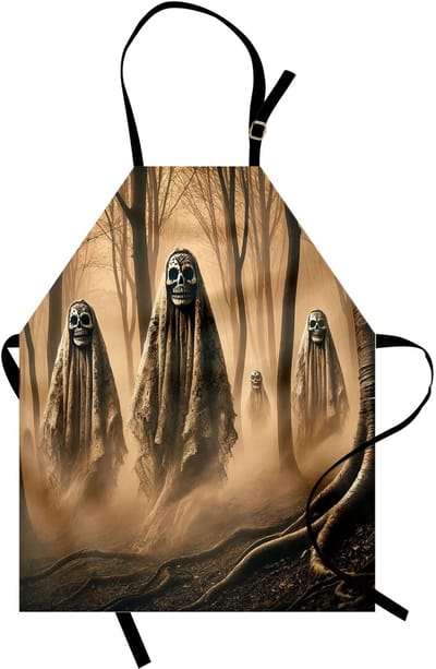 ABAKUHAUS Halloween-kookschort: Geesten in het betoverde bos, Unisex-keukenslabbetje met een verstelbare hals voor koken en tuinieren, ecru, donker sepia