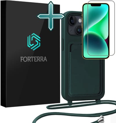 Hoesje Geschikt voor iPhone 13 Pashouder Case Siliconen Hoes Met Koord Met Screenprotector - Hoes Geschikt voor iPhone 13 Met Telefoonkoord Hoesje Back Cover Met Pasjeshouder - Donkergroen